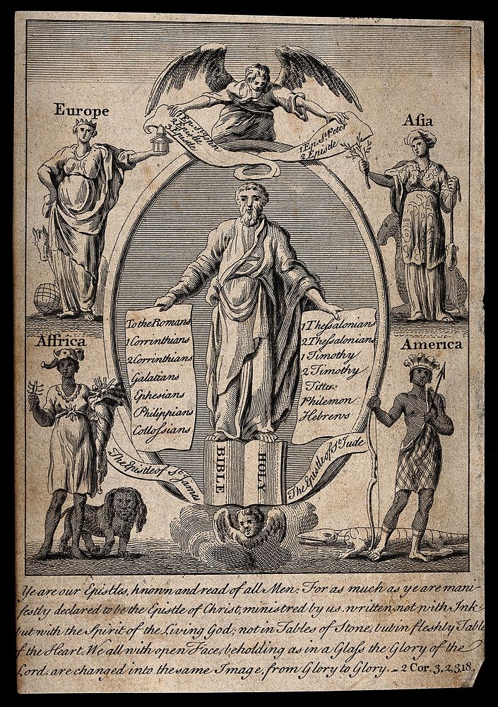 Saint Paul and his epistles, acclaimed by the four continents of Europe, Asia, Africa and America. Engraving.