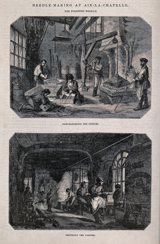 Manufacture of needles. Wood engraving by D. Lancelot after Piaud.