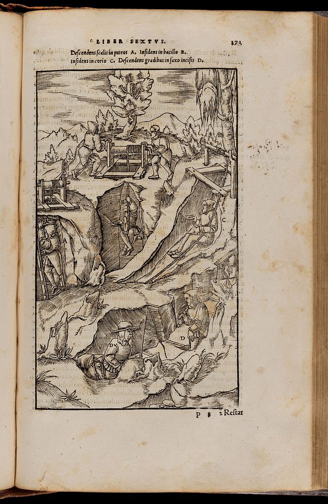 Folio 171. Medieval mining techniques. Woodcut, 1556.