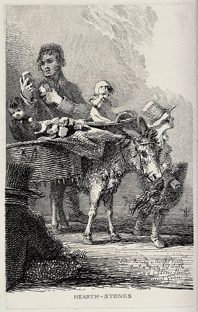 An itinerant poor saleswoman selling hearthstones. Etching by J.T. Smith, 1816.