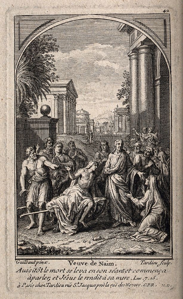 Christ raises the widow's son from the dead. Etching by A. Tardieu after Guilbaut.