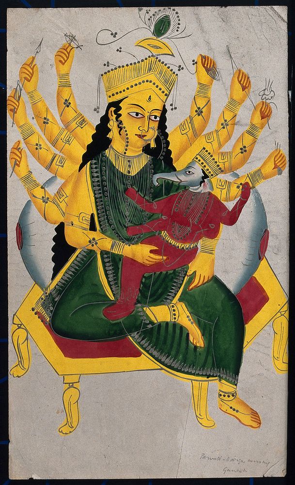 Parvati enthroned nursing Ganesha. Watercolour drawing.