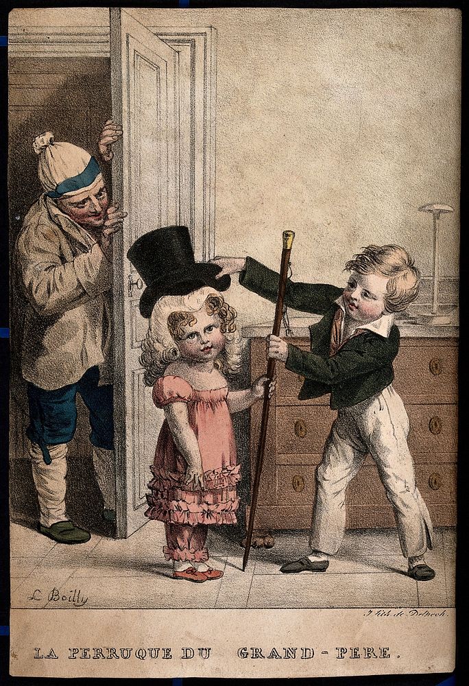 A small boy places his grandfather's wig and hat on his younger sister; the grandfather looks on with amusement. Coloured…