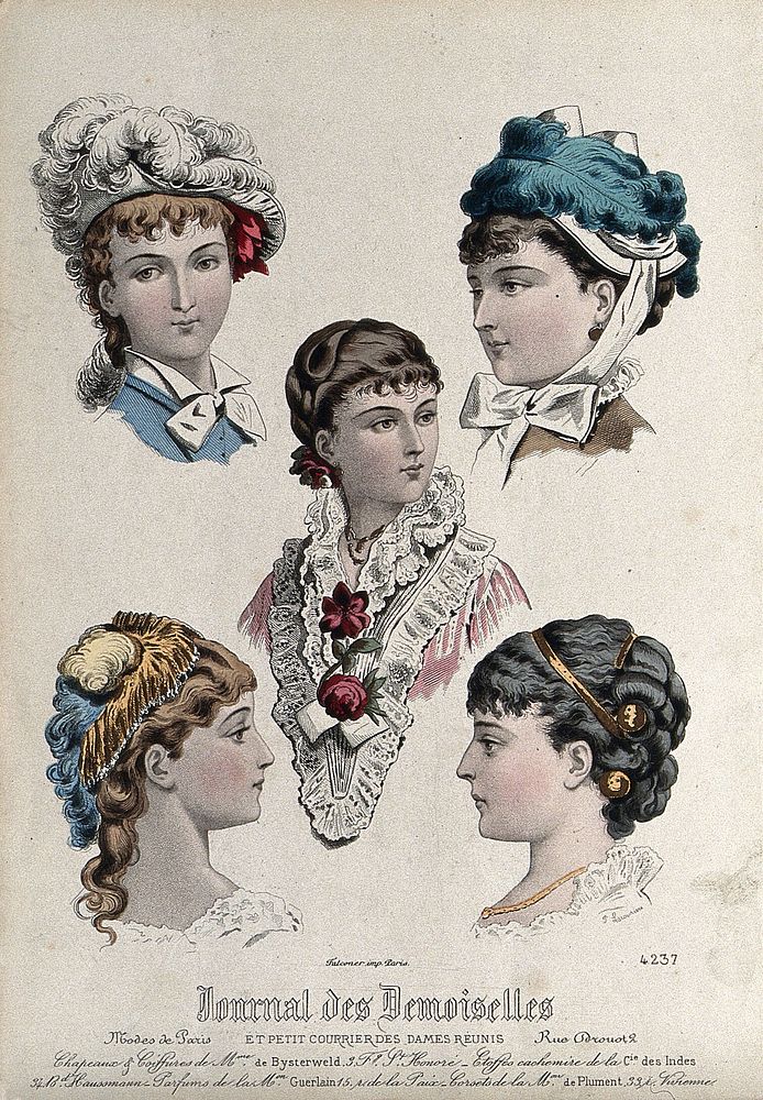 The heads and shoulders of five women: the upper two wear fancy hats with feathers, the central figure is hatless and wears…