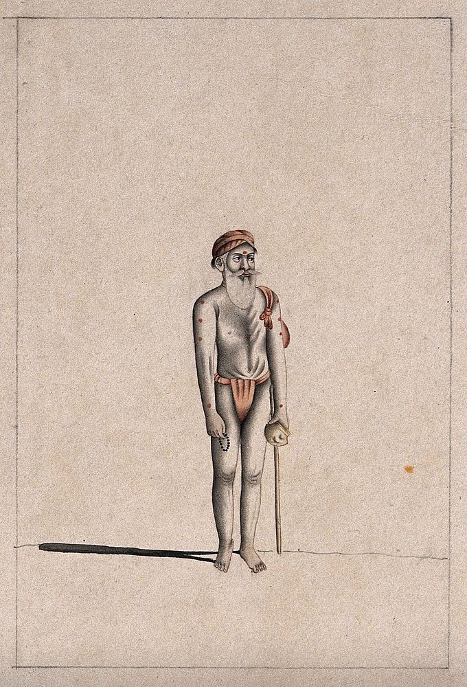 An old Hindu ascetic or holy man: standing, wearing a saffron loincloth and turban and carrying a cloth bundle, pot and…
