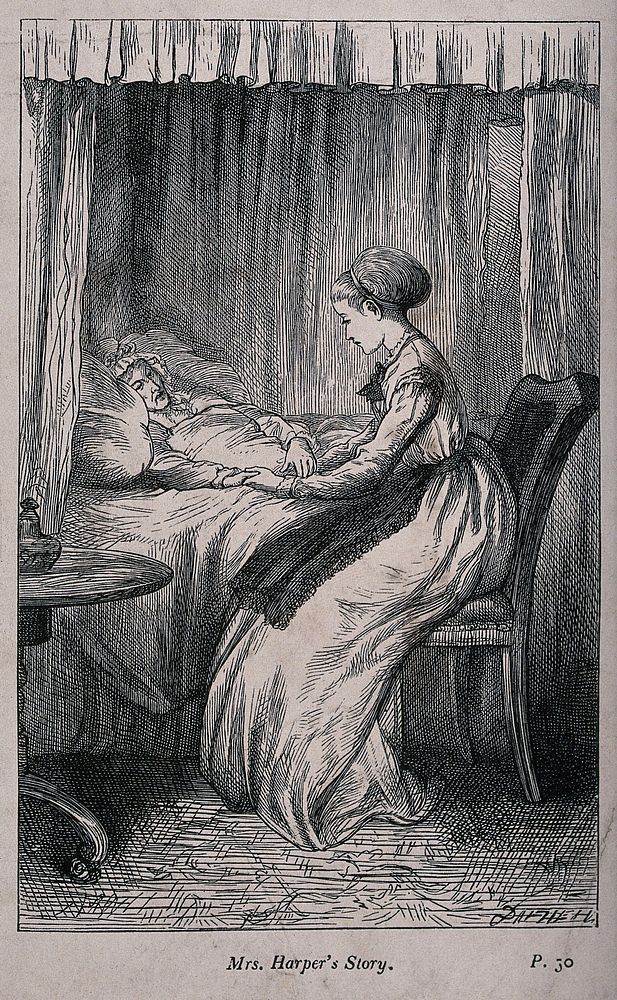 A young woman sitting at the bed of a dying woman. Reproduction of an etching.