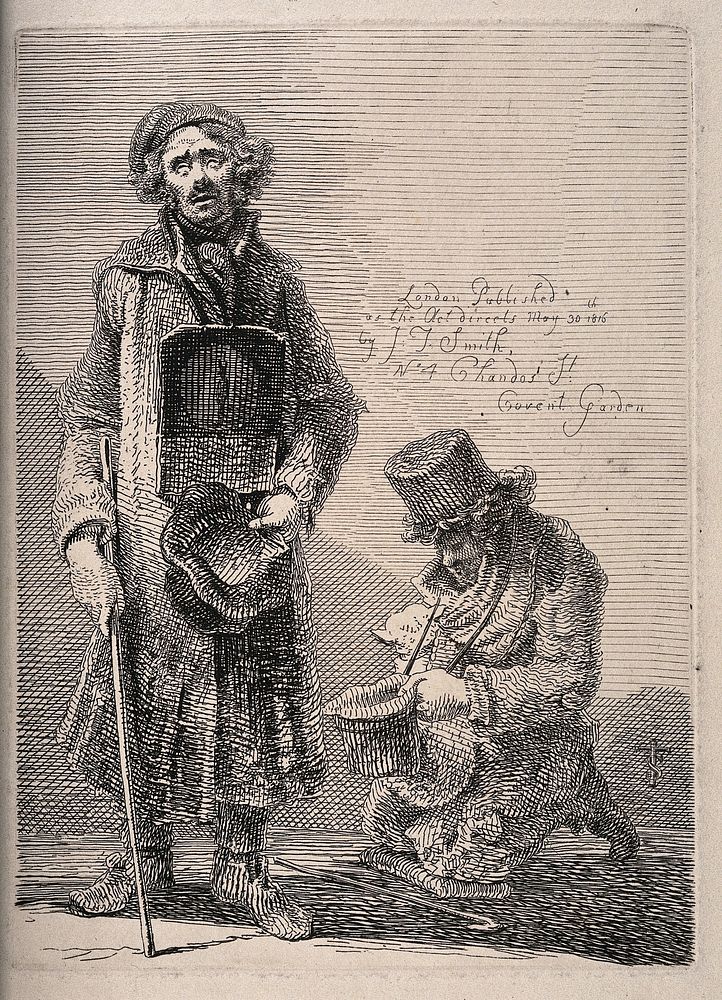 Two blind beggars, one stands with a placard around his neck and hat, the other kneels with a dog on his lap. Etching by…