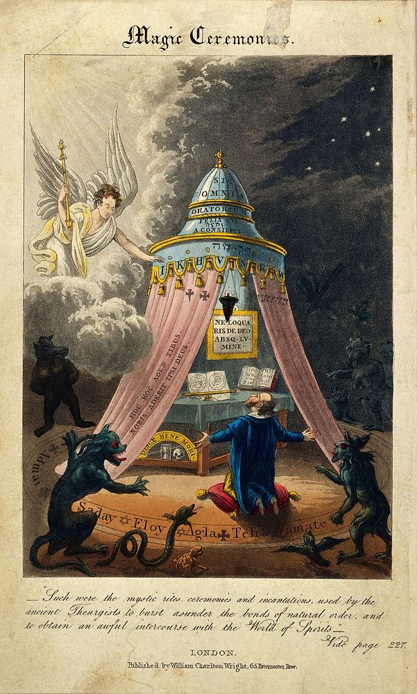 A theurgist performing rituals to exercise divine powers on earth. Coloured aquatint.
