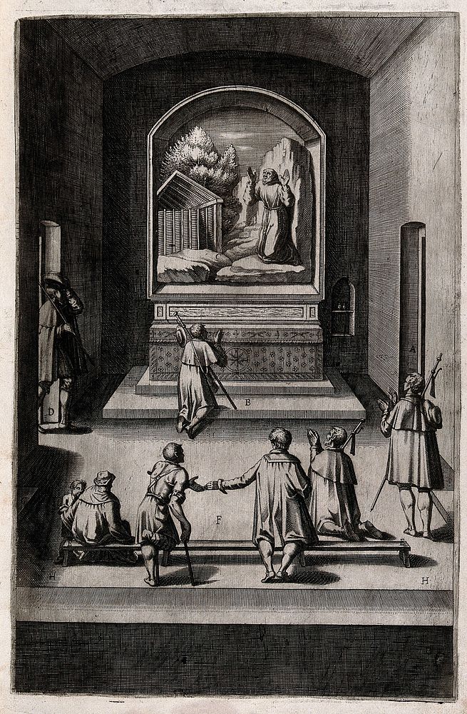 Interior of the Capella della Croce on Mount Verna; with a painting of Saint Francis on the altar. Engraving attributed to…
