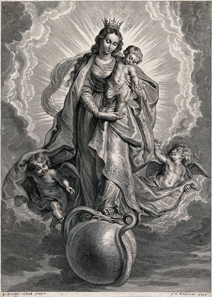 Saint Mary (the Blessed Virgin) with the Christ Child. Engraving by S.A. Bolswert after Sir P.P. Rubens.
