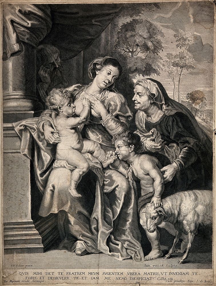 The Virgin Mary breast feeding Christ while John the Baptist and Saint Elizabeth gaze at him in wonder. Engraving by J.…