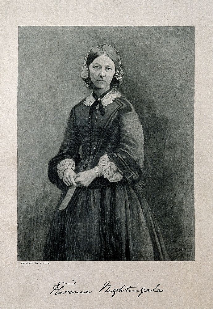 Florence Nightingale. Reproduction of wood engraving, 1872, after T. Cole after Goodman, 1858.