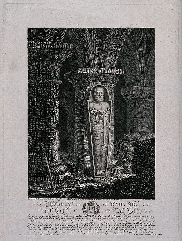 The exhumed corpse of the French King Henry IV standing bandaged and upright in a coffin in the vaults of a chapel. Line…