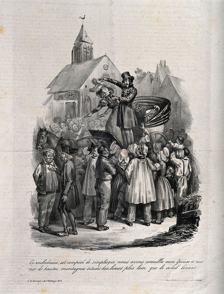 A man and a woman standing in a carriage, selling their wares, among a crowd of bystanders. Lithograph.
