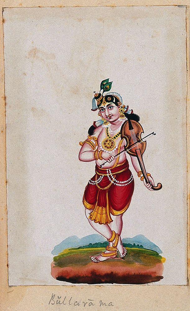 Lord Balarama, the elder brother of Lord Krishna, playing a musical instrument. Gouache painting by an Indian artist.