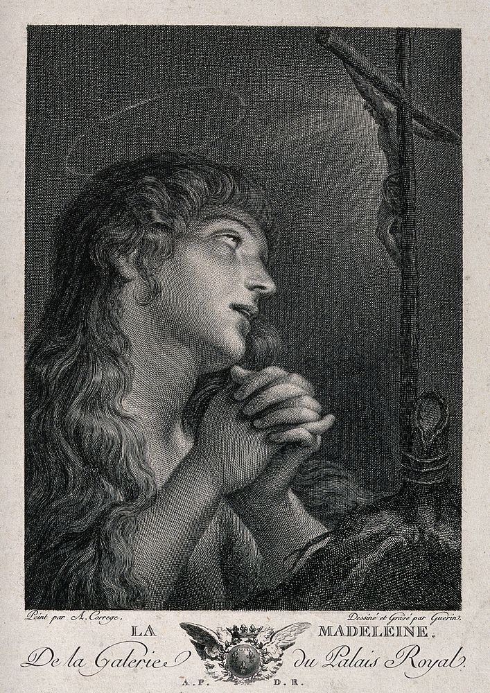 Saint Mary Magdalen. Engraving by Guérin after A. Allegri, il Correggio.