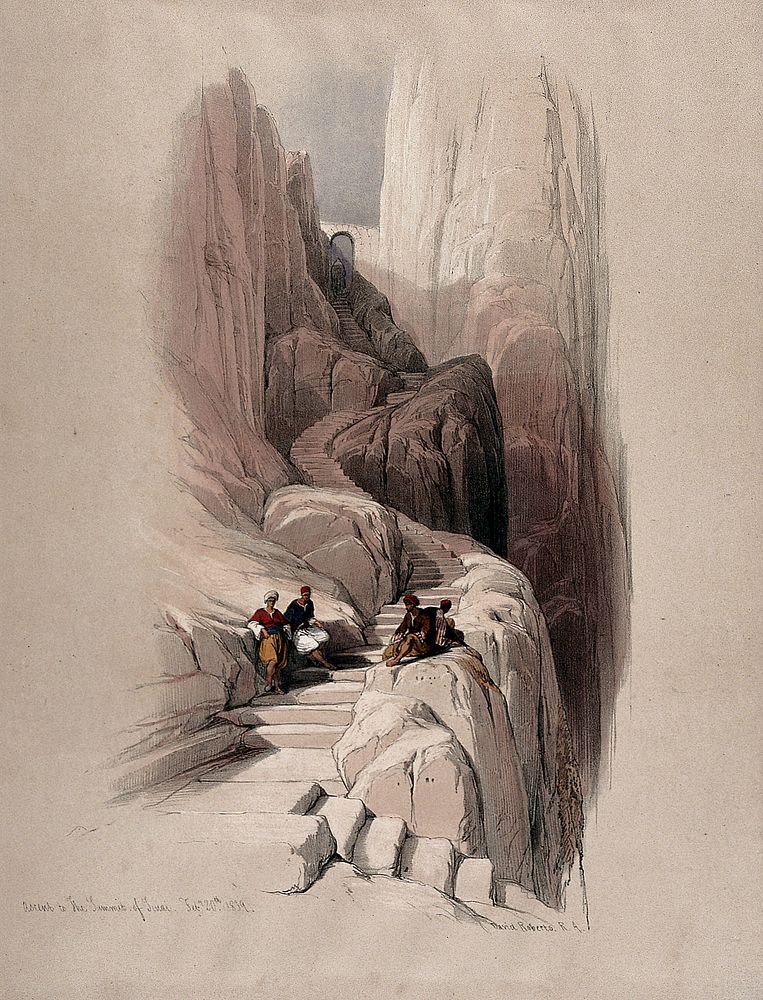 Stone pathway to the summit of Mount Sinai. Coloured lithograph by Louis Haghe after David Roberts, 1849.