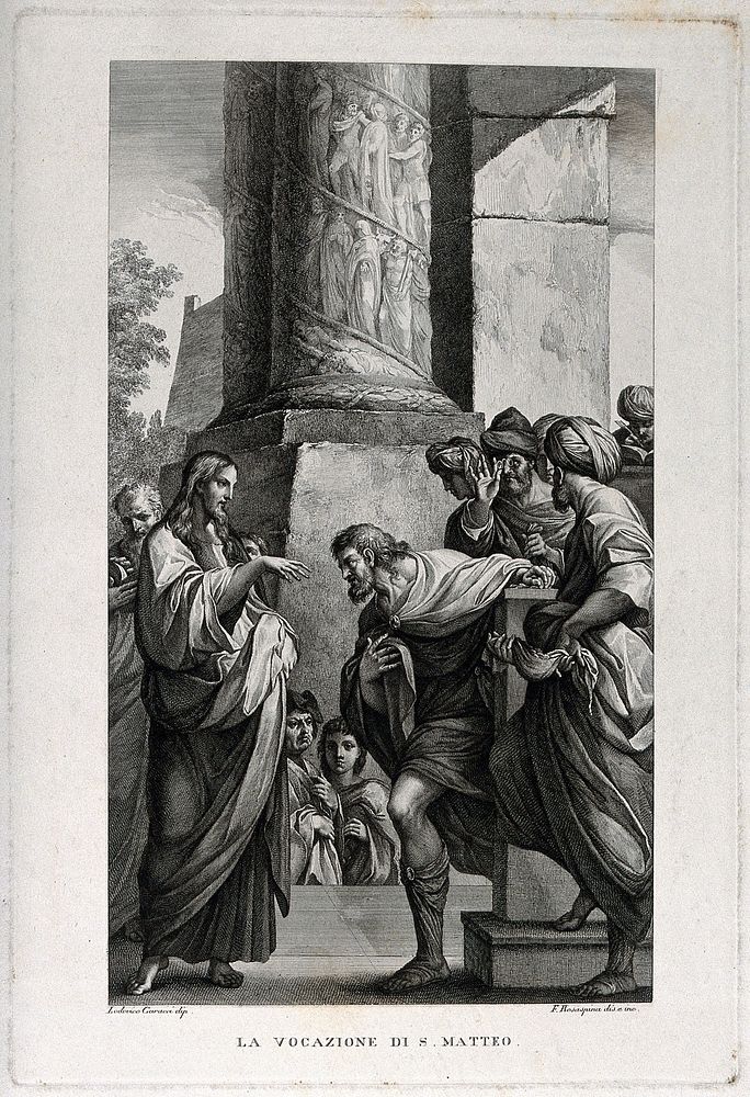 Saint Matthew: he is summoned by Christ. Etching by F. Rosaspina after L. Carracci.