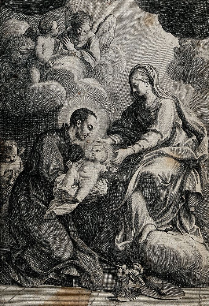 A saint holding the Christ Child in his arms. Line engraving.