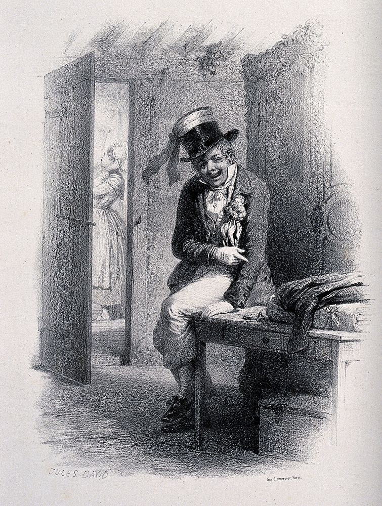 A man with a ribbon on his hat and a flower in his buttonhole waits for a woman in the next room who is putting on a bonnet.…