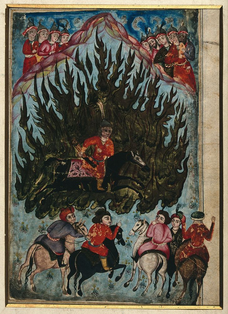 The fire ordeal of Prince Siyavash. Gouache painting by a Persian artist, ca. 1800 .