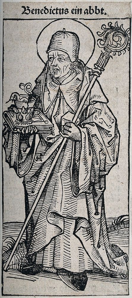 Saint Benedict. Woodcut.