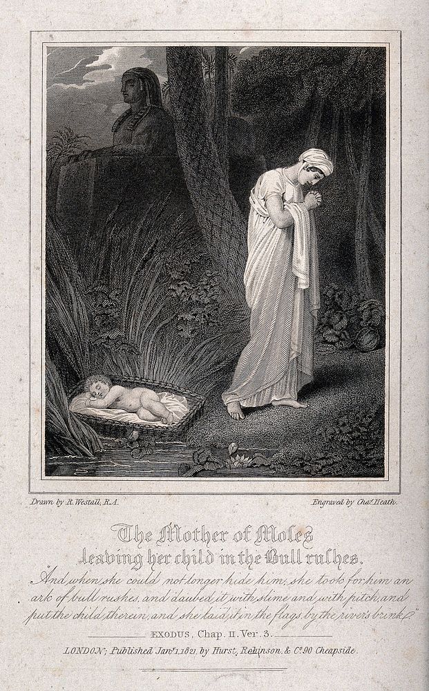 The mother of Moses sadly abandons her child by the river Nile. Etching by C. Heath, 1821, after R. Westall after N.…