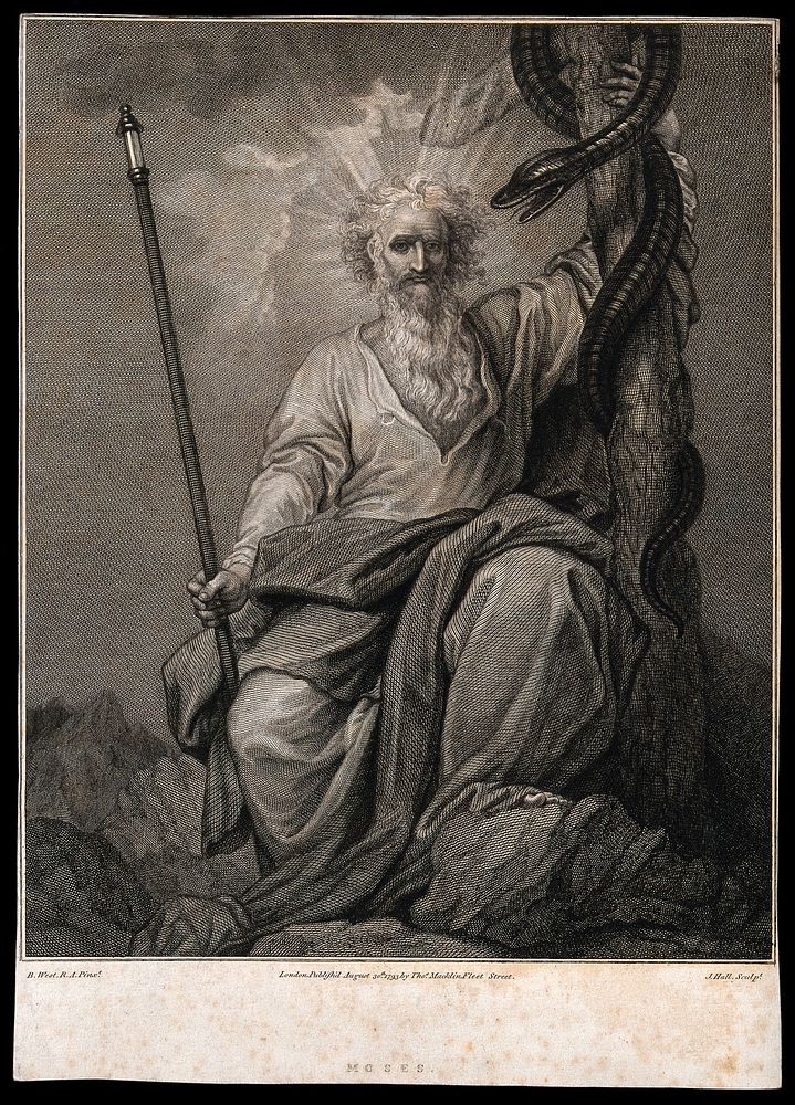 Moses with his rod and his brazen serpent. Engraving by J. Hall, 1793, after B. West.