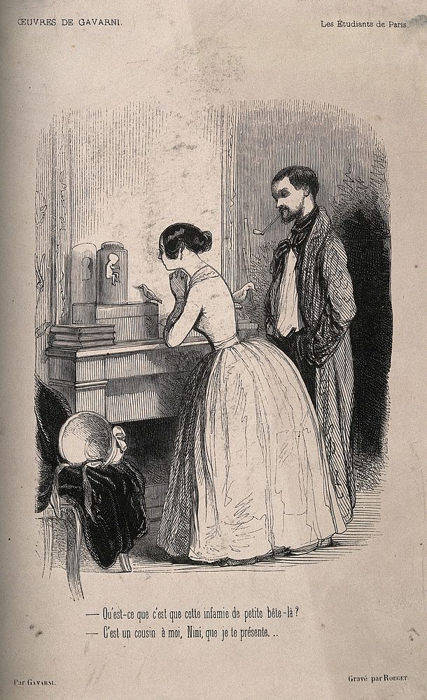 A bourgeois wife shows her husband the preserved foetus of her cousin. Wood engraving by F. Rouget after S.G.C. Gavarni.