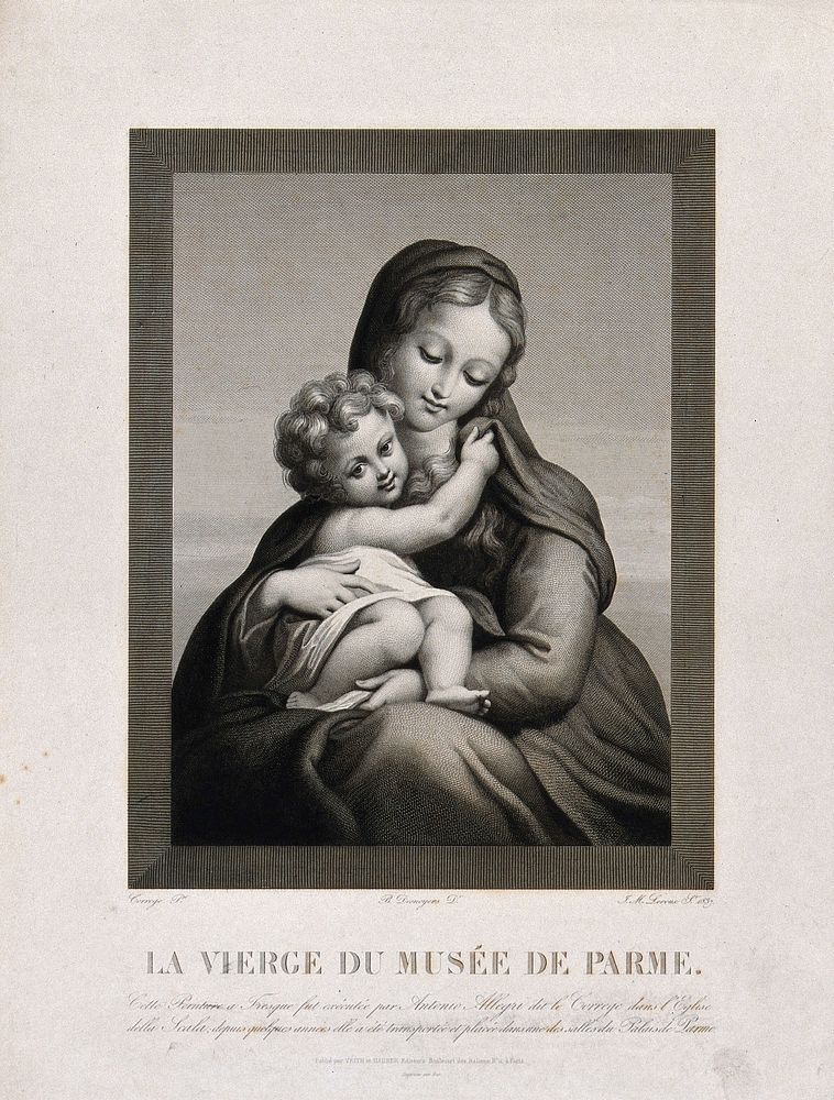 Saint Mary (the Blessed Virgin) with the Christ Child. Line engraving by J.M. Leroux, 1837, after B. Desnoyers after A.…