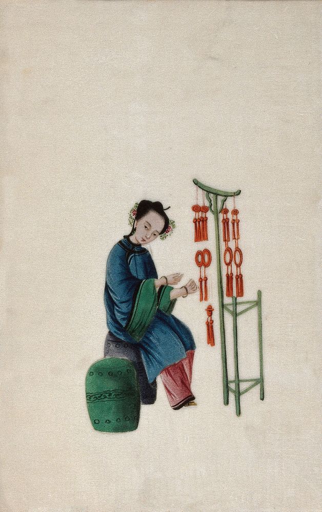 A woman displaying good luck tassels for sale. Watercolour by a Chinese artist, ca. 1800.