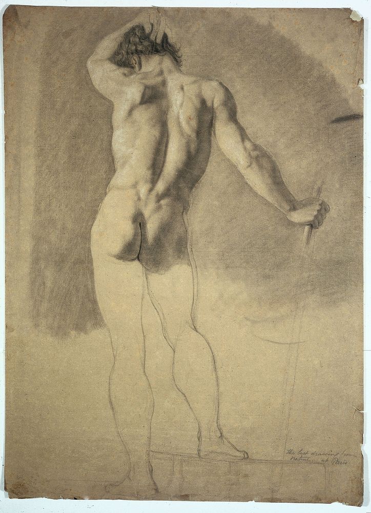 A standing male nude seen from the rear. Black chalk drawing by J.J. Masquerier.