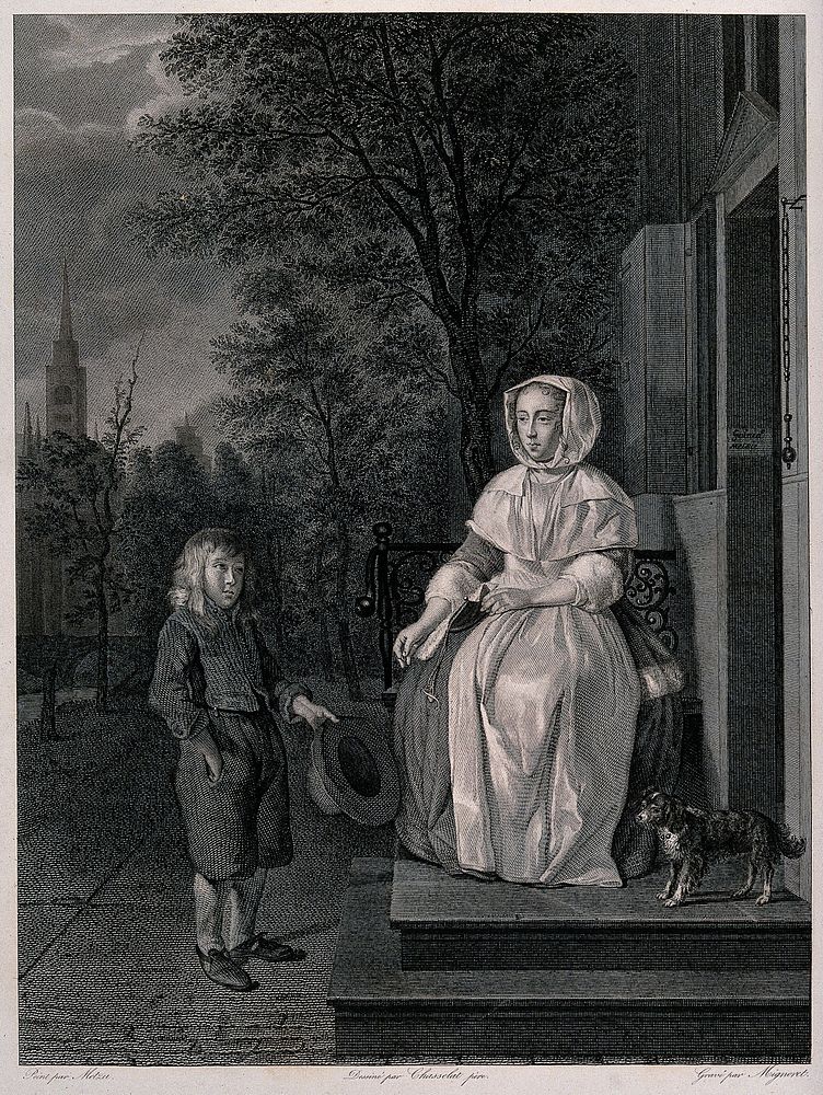 A boy is holding out his hat to a woman who is putting a coin into it. Engraving by Moigneret after G. Metsu.