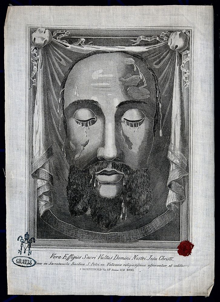 The veronica (sudarium of Saint Veronica), representing the face of Christ. Engraving.