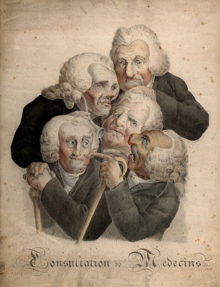 Five decrepit doctors crushed together in consultation. Coloured lithograph after L. Boilly, c. 1823.