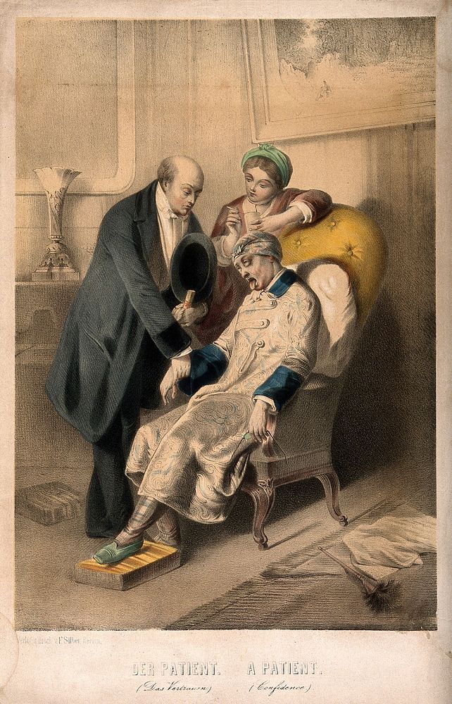 A sick man projects his tongue while a doctor takes his pulse. Coloured lithograph.