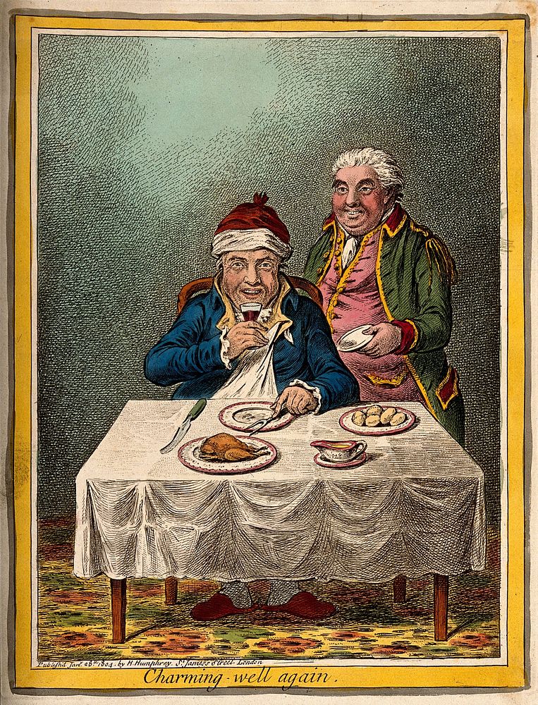 A convalescing man happily eating a meal, assisted by his grinning servant. Coloured etching by J. Gillray, 1804, after J.…