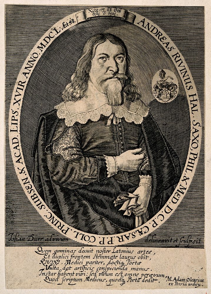 Andreas Rivinus. Line engraving by J. Dürr after himself.