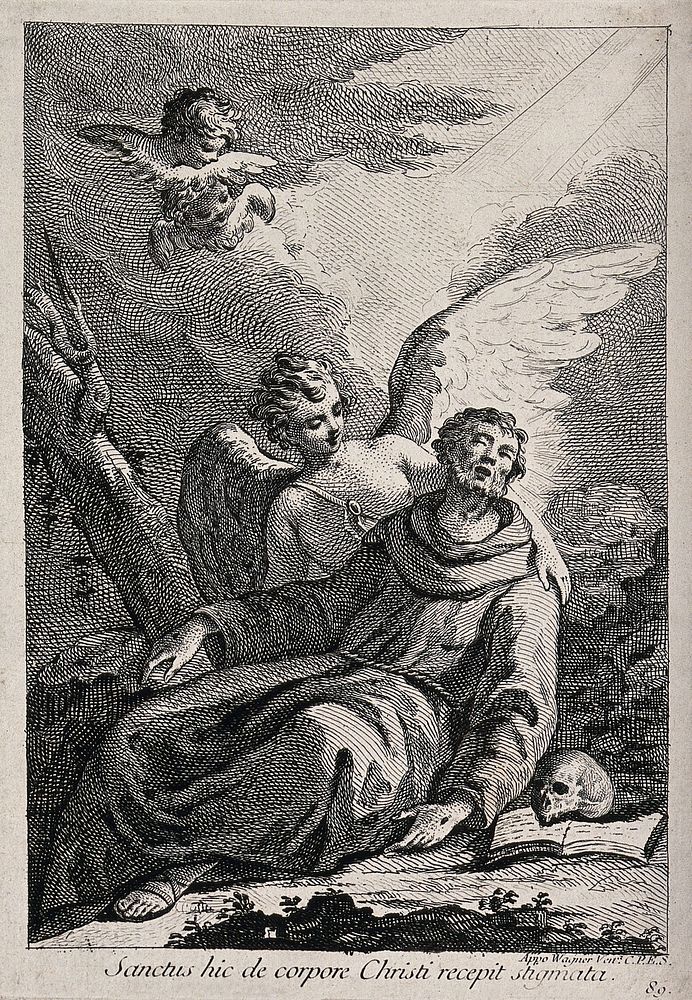 Saint Francis of Assisi supported by an angel is receiving the stigmata of Christ; two angels in the sky. Etching, 17--.