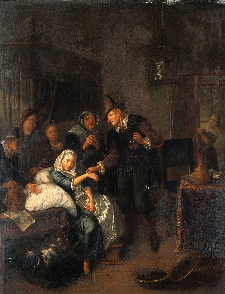 A medical practitioner taking a girl's pulse and holding a flask of her urine, with four other figures on the left and a…