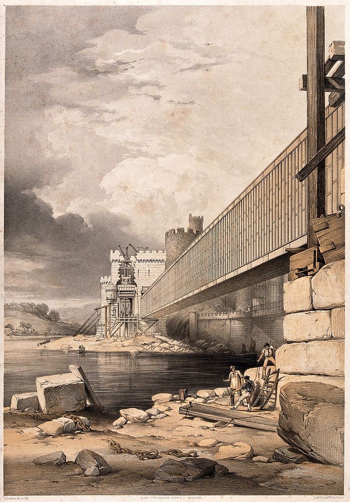 Civil engineering: the Conway box girder bridge, viewed from entrance level. Coloured lithograph by G. Hawkins after himself.