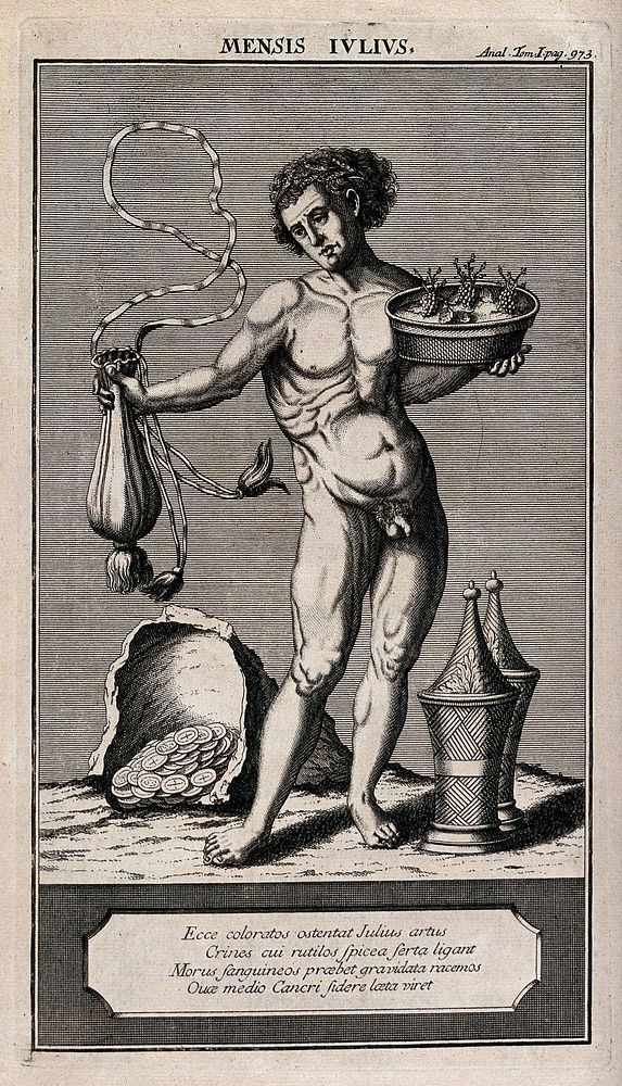 A naked man wearing grains in his hair is holding a bowl with grapes in his left and an empty sack in his right, he is…