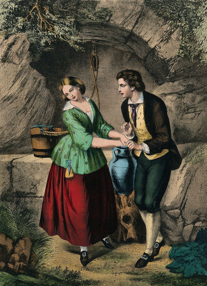 Standing before a well, a young man holds a young woman's hand and makes an appeal to her. Chromolithograph.