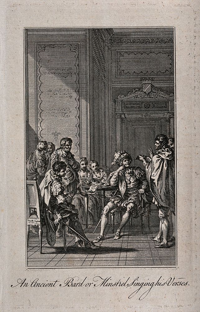 Men and women are sitting around a table as a bard entertains them. Etching by R. Pranker after H. Gravelot.