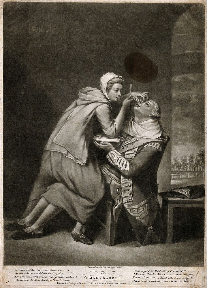 A female barber shaving a soldier. Mezzotint by J. Dixon after himself.