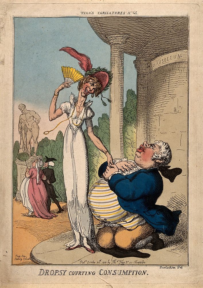 An obese man wooing a tall lean woman outside a mausoleum; representing dropsy and consumption. Coloured etching by T.…