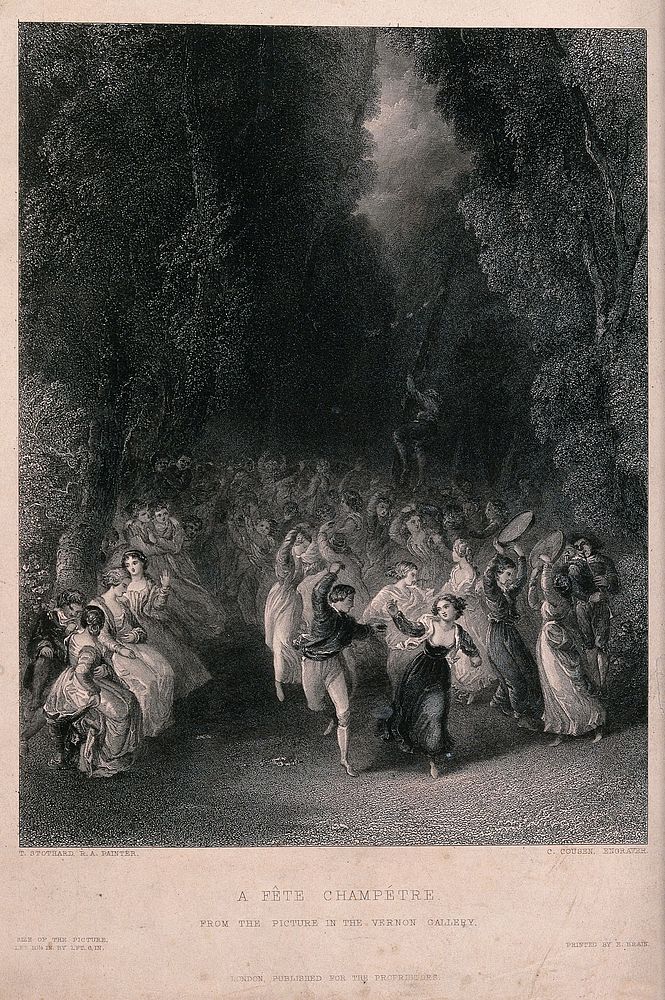 Groups of young men and women dancing through the woods. Engraving by C. Cousen after T. Stothard.