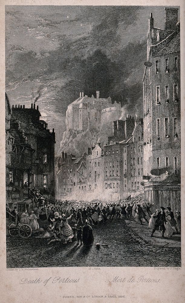 The death of Captain John Porteous in the Porteous Riots in Edinburgh in 1736. Etching by J. Tingle after T.M. Richardson…