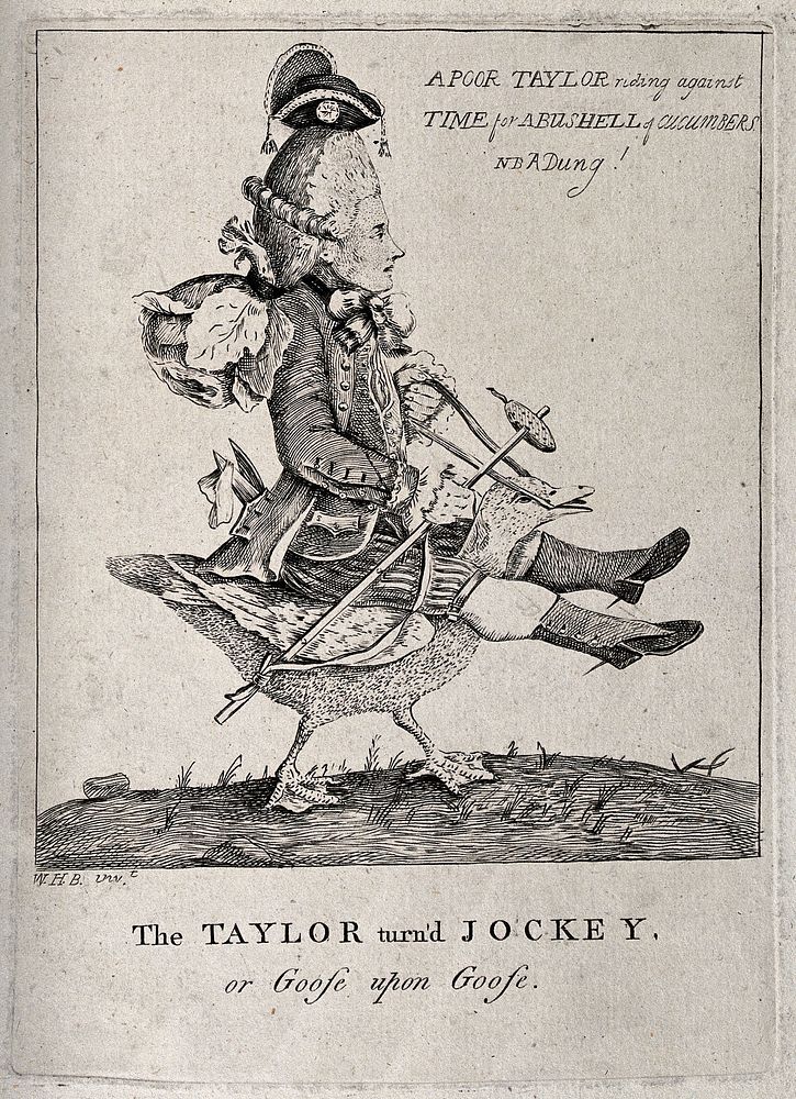 A tailor riding on the back of a goose; representing an exploited worker. Etching after W.H.Bunbury.