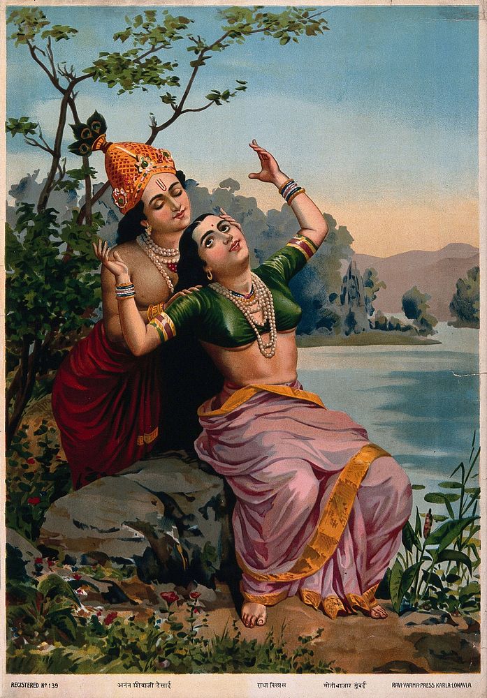 Krishna embracing Radha. Chromolithograph by R. Varma.